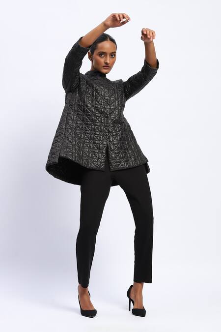 Buy Abraham And Thakore Black Polyester Mandarin Collar Ripstop Lattice Quilted Jacket Online at Aza Fashions Buy_Abraham And Thakore_Black Polyester Mandarin Collar Ripstop Lattice Quilted Jacket _Online_at_Aza_Fashions