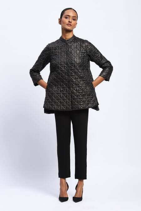 Shop Abraham And Thakore Black Polyester Mandarin Collar Ripstop Lattice Quilted Jacket Online at Aza Fashions Shop_Abraham And Thakore_Black Polyester Mandarin Collar Ripstop Lattice Quilted Jacket _Online_at_Aza_Fashions