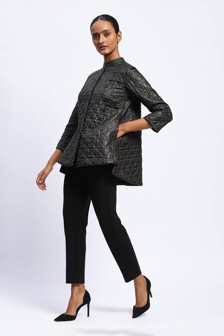 Abraham And Thakore Black Polyester Mandarin Collar Ripstop Lattice Quilted Jacket at Aza Fashions Abraham And Thakore_Black Polyester Mandarin Collar Ripstop Lattice Quilted Jacket _at_Aza_Fashions