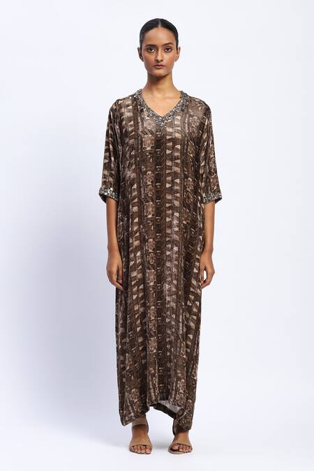 Shop_Abraham And Thakore_Brown Velvet Sequins V-neck Rabari Geometric Print Kaftan_Online_at_Aza_Fashions