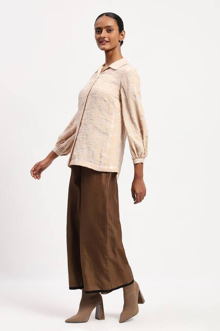 Abraham And Thakore Beige Geometric Collar Applique Basket Weave Shirt Online at Aza Fashions Abraham And Thakore_Beige Geometric Collar Applique Basket Weave Shirt _Online_at_Aza_Fashions