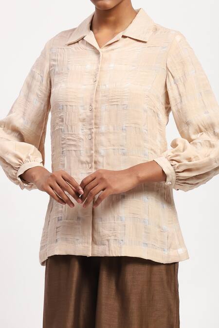 Buy Abraham And Thakore Beige Geometric Collar Applique Basket Weave Shirt Online at Aza Fashions Buy_Abraham And Thakore_Beige Geometric Collar Applique Basket Weave Shirt _Online_at_Aza_Fashions