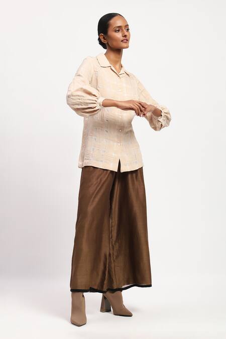 Shop Abraham And Thakore Beige Geometric Collar Applique Basket Weave Shirt Online at Aza Fashions Shop_Abraham And Thakore_Beige Geometric Collar Applique Basket Weave Shirt _Online_at_Aza_Fashions