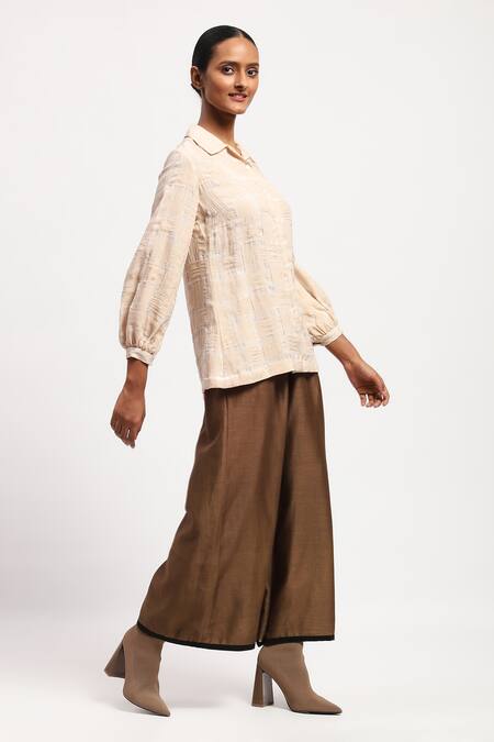 Abraham And Thakore Beige Geometric Collar Applique Basket Weave Shirt at Aza Fashions Abraham And Thakore_Beige Geometric Collar Applique Basket Weave Shirt _at_Aza_Fashions