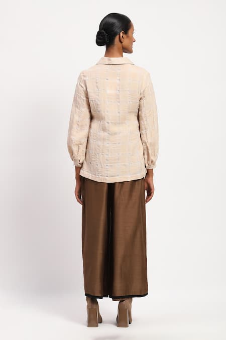 Shop Abraham And Thakore Beige Geometric Collar Applique Basket Weave Shirt at Aza Fashions Shop_Abraham And Thakore_Beige Geometric Collar Applique Basket Weave Shirt _at_Aza_Fashions