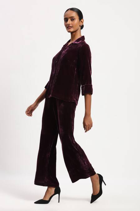 Abraham And Thakore Purple Velvet Collar Solid Shirt Online at Aza Fashions Abraham And Thakore_Purple Velvet Collar Solid Shirt _Online_at_Aza_Fashions