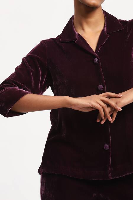Abraham And Thakore Purple Velvet Collar Solid Shirt at Aza Fashions Abraham And Thakore_Purple Velvet Collar Solid Shirt _at_Aza_Fashions