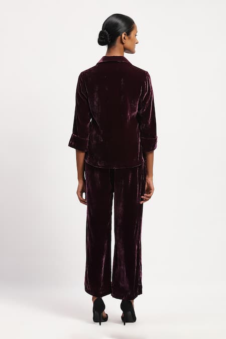 Shop Abraham And Thakore Purple Velvet Collar Solid Shirt at Aza Fashions Shop_Abraham And Thakore_Purple Velvet Collar Solid Shirt _at_Aza_Fashions