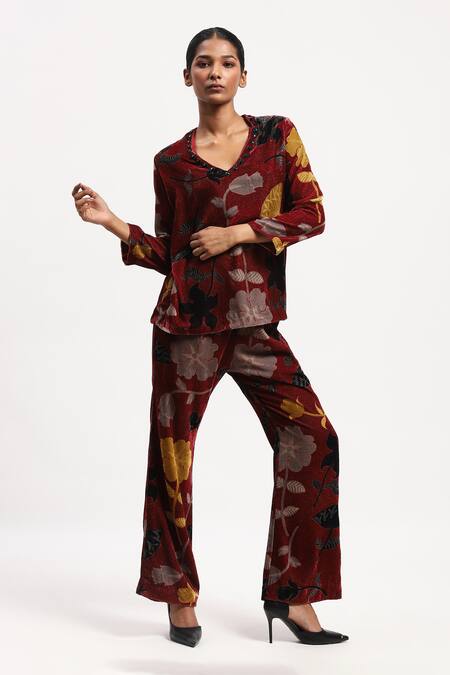 Abraham And Thakore Multi Color Velvet Floral, Beads, Rhinestones Leaf Print Top Online at Aza Fashions Abraham And Thakore_Multi Color Velvet Floral, Beads, Rhinestones Leaf Print Top _Online_at_Aza_Fashions