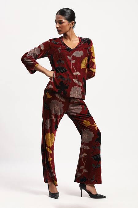 Abraham And Thakore Multi Color Velvet Floral, Beads, Rhinestones Leaf Print Top at Aza Fashions Abraham And Thakore_Multi Color Velvet Floral, Beads, Rhinestones Leaf Print Top _at_Aza_Fashions