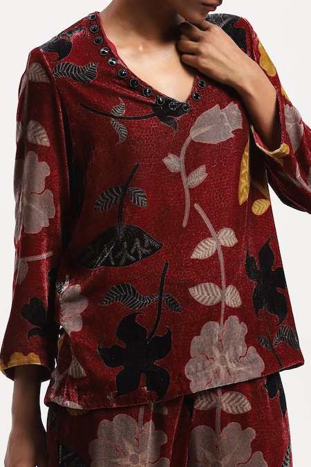 Buy Abraham And Thakore Multi Color Velvet Floral, Beads, Rhinestones Leaf Print Top Buy_Abraham And Thakore_Multi Color Velvet Floral, Beads, Rhinestones Leaf Print Top