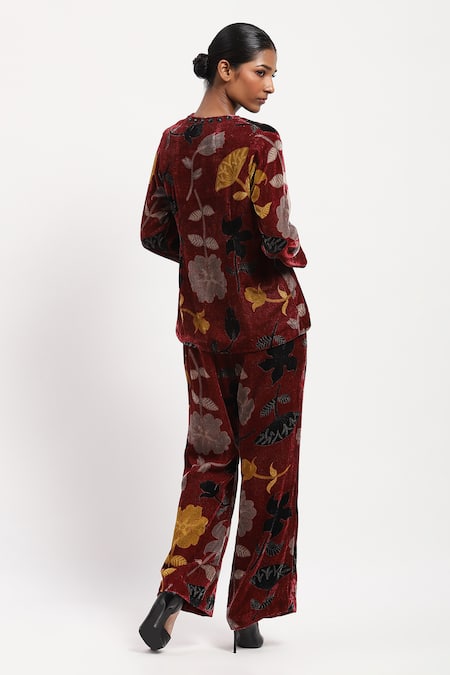 Shop Abraham And Thakore Multi Color Velvet Floral, Beads, Rhinestones Leaf Print Top at Aza Fashions Shop_Abraham And Thakore_Multi Color Velvet Floral, Beads, Rhinestones Leaf Print Top _at_Aza_Fashions