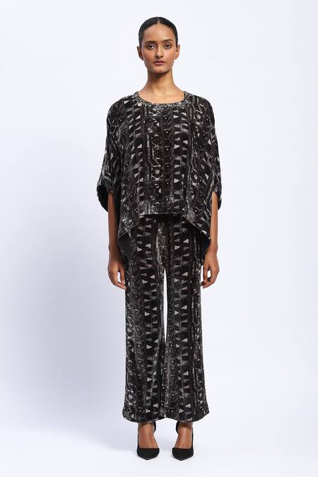 Buy_Abraham And Thakore_Black Velvet Sequins Round Neck Geometric Print Kaftan Top_Online_at_Aza_Fashions