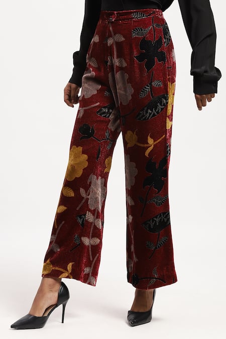 Shop Abraham And Thakore Multi Color Velvet Floral Print Bootcut Trouser Online at Aza Fashions Shop_Abraham And Thakore_Multi Color Velvet Floral Print Bootcut Trouser _Online_at_Aza_Fashions