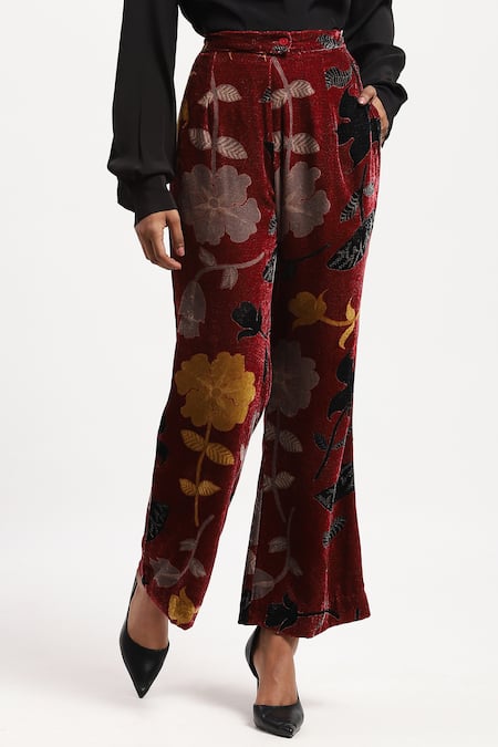 Shop Abraham And Thakore Multi Color Velvet Floral Print Bootcut Trouser at Aza Fashions Shop_Abraham And Thakore_Multi Color Velvet Floral Print Bootcut Trouser _at_Aza_Fashions