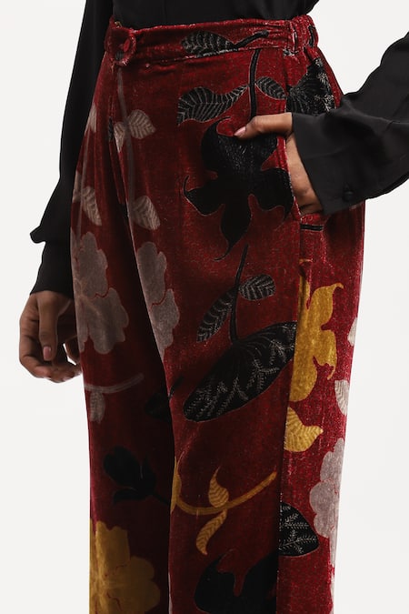 Abraham And Thakore Multi Color Velvet Floral Print Bootcut Trouser at Aza Fashions Abraham And Thakore_Multi Color Velvet Floral Print Bootcut Trouser _at_Aza_Fashions