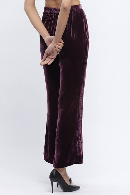 Abraham And Thakore Purple Velvet Solid Bootcut Trouser Online at Aza Fashions Abraham And Thakore_Purple Velvet Solid Bootcut Trouser _Online_at_Aza_Fashions