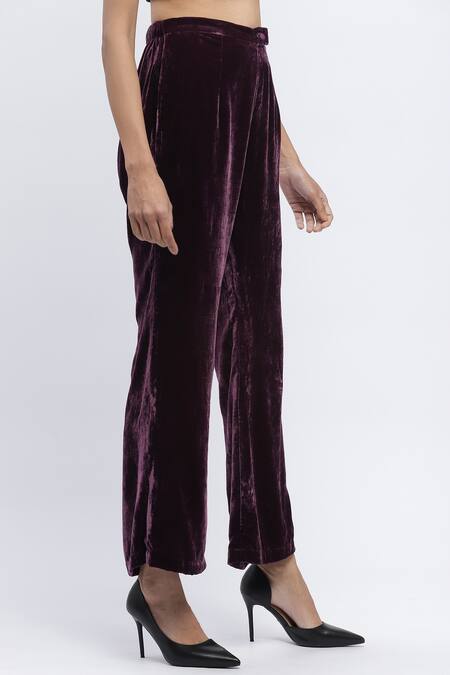 Shop Abraham And Thakore Purple Velvet Solid Bootcut Trouser Online at Aza Fashions Shop_Abraham And Thakore_Purple Velvet Solid Bootcut Trouser _Online_at_Aza_Fashions