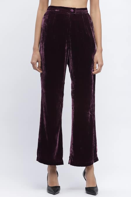 Shop Abraham And Thakore Purple Velvet Solid Bootcut Trouser at Aza Fashions Shop_Abraham And Thakore_Purple Velvet Solid Bootcut Trouser _at_Aza_Fashions
