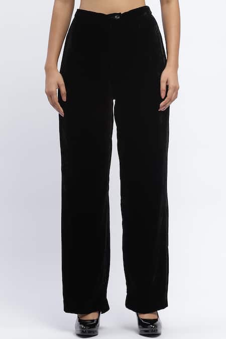 Shop Abraham And Thakore Black Velvet Bootcut Trouser at Aza Fashions Shop_Abraham And Thakore_Black Velvet Bootcut Trouser _at_Aza_Fashions