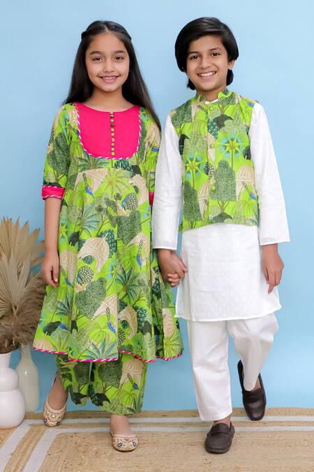 Buy_Kalp_Green , Lining Forest Whisper Print Anarkali And Palazzo Set _Online_at_Aza_Fashions