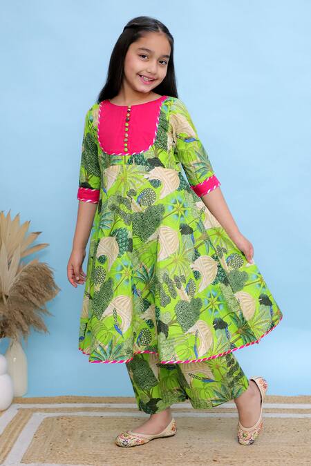 Kalp_Green , Lining Forest Whisper Print Anarkali And Palazzo Set _at_Aza_Fashions