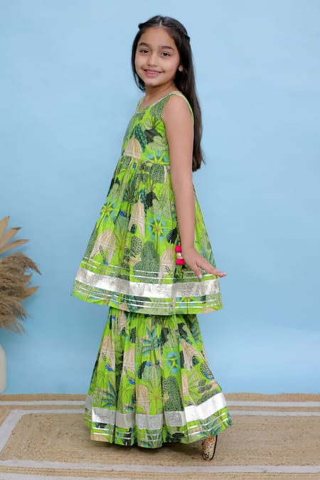 Kalp_Green Cotton Gota Patti Botanical Print Kurta And Sharara Set _Online_at_Aza_Fashions