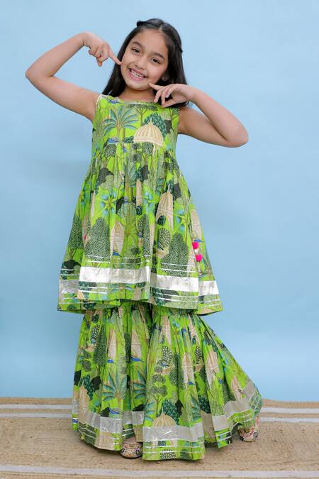 Buy_Kalp_Green Cotton Gota Patti Botanical Print Kurta And Sharara Set _Online_at_Aza_Fashions
