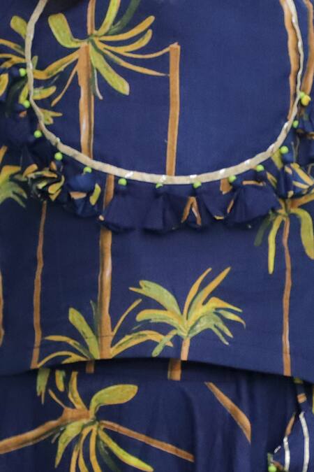 Kalp_Blue Cotton Tassels Botanical Print Lehenga And Top Set _Online_at_Aza_Fashions