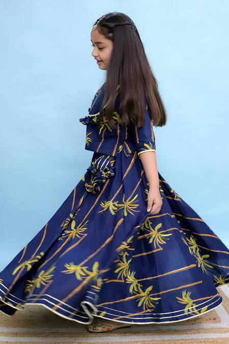 Buy_Kalp_Blue Cotton Tassels Botanical Print Lehenga And Top Set _Online_at_Aza_Fashions