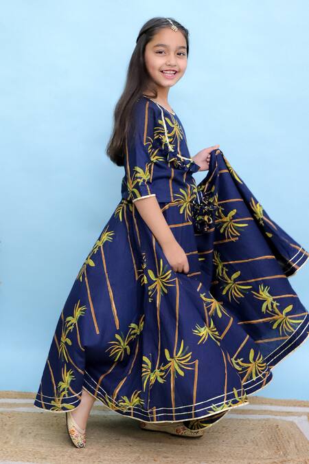 Shop_Kalp_Blue Cotton Tassels Botanical Print Lehenga And Top Set _Online_at_Aza_Fashions