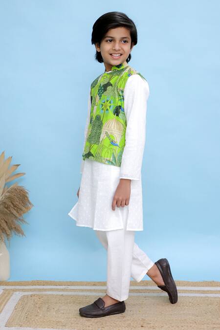 Buy_Kalp_Green Cotton, Linen Botanical Print Bundi Kurta Set _Online_at_Aza_Fashions