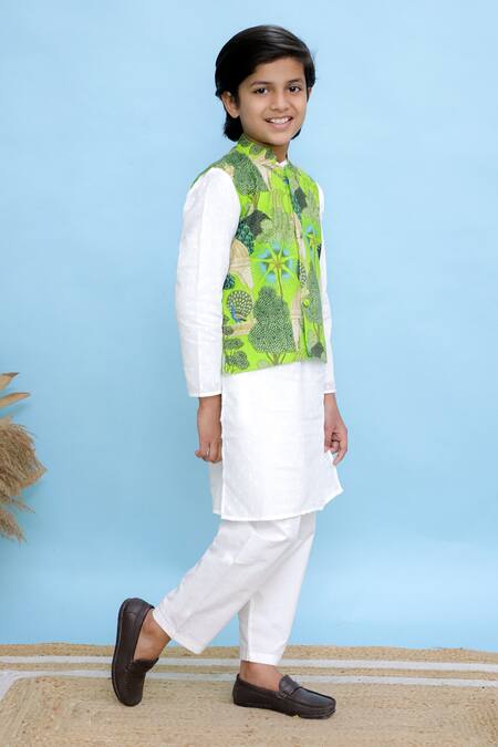 Shop_Kalp_Green Cotton, Linen Botanical Print Bundi Kurta Set _Online_at_Aza_Fashions