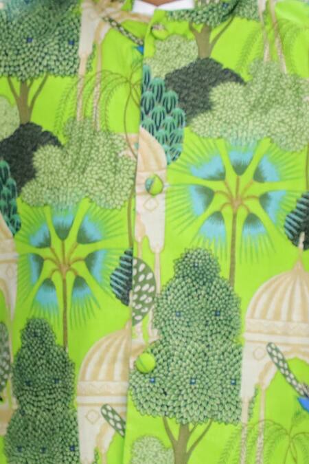 Kalp_Green Cotton, Linen Botanical Print Bundi Kurta Set _at_Aza_Fashions