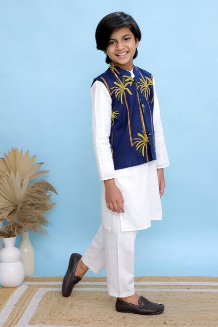 Shop_Kalp_Blue Cotton, Linen Elephant Palm Tree Printed Bundi Kurta Set _Online_at_Aza_Fashions