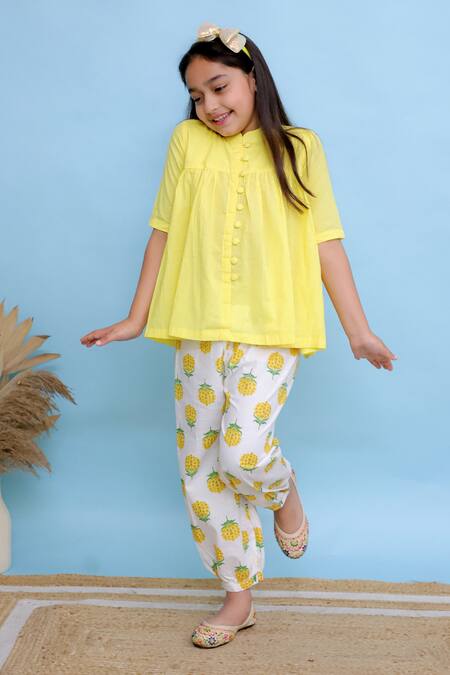 Kalp_Yellow Cotton Kedia Top And Printed Pant Set _Online_at_Aza_Fashions