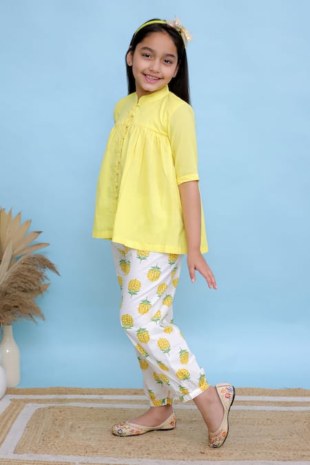 Shop_Kalp_Yellow Cotton Kedia Top And Printed Pant Set _Online_at_Aza_Fashions