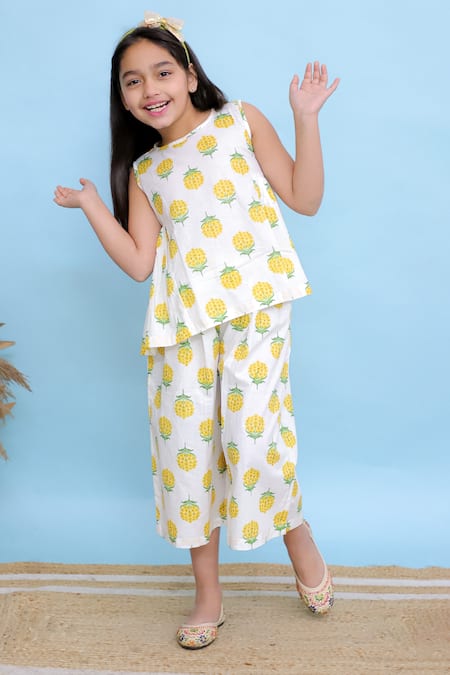 Shop_Kalp_White Cotton Embroidery Floral Boota Printed Top And Pant Set _Online_at_Aza_Fashions