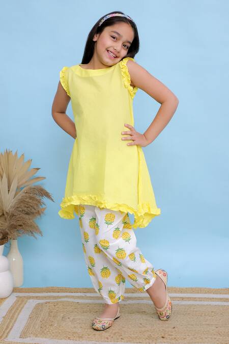 Buy_Kalp_Yellow Cotton Embroidery Handkerchief Hem Kurta And Pant Set _Online_at_Aza_Fashions