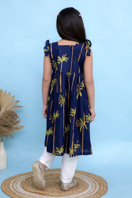 Kalp Navy Palm Tree Print Cape Kurta Set 