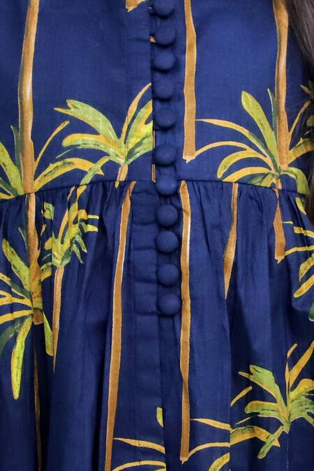 Kalp White Cotton, Georgette Embroidery Navy Palm Tree Print Cape Kurta Set at Aza Fashions Kalp_White Cotton, Georgette Embroidery Navy Palm Tree Print Cape Kurta Set _at_Aza_Fashions