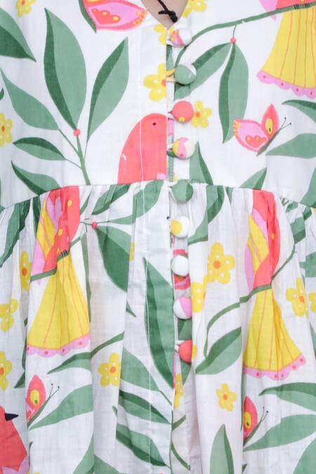 Kalp_White Cotton Chidiya Floral Print Cape Kurta Set _Online_at_Aza_Fashions