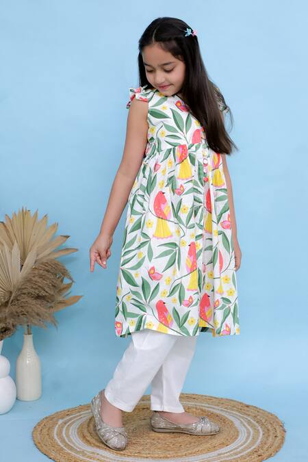 Shop_Kalp_White Cotton Chidiya Floral Print Cape Kurta Set _Online_at_Aza_Fashions