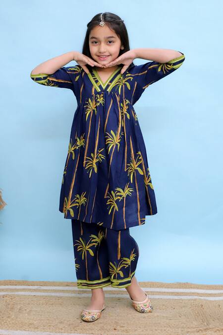 Kalp_Blue Cotton Gota Patti Gathered Kurta And Palazzo Set _Online_at_Aza_Fashions