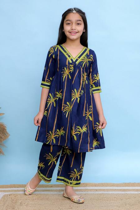 Buy_Kalp_Blue Cotton Gota Patti Gathered Kurta And Palazzo Set _Online_at_Aza_Fashions