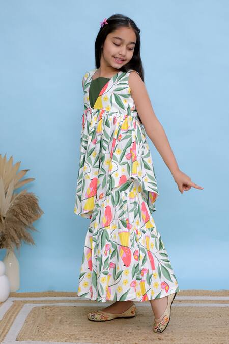 Kalp_White Cotton Botanical Wildwood Printed Shrug Sharara Set _Online_at_Aza_Fashions