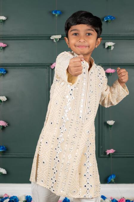 Shruti Jalan_Beige Cotton, Georgette, Satin Mirrors, Embroidery Threadwork Kurta Set _Online_at_Aza_Fashions