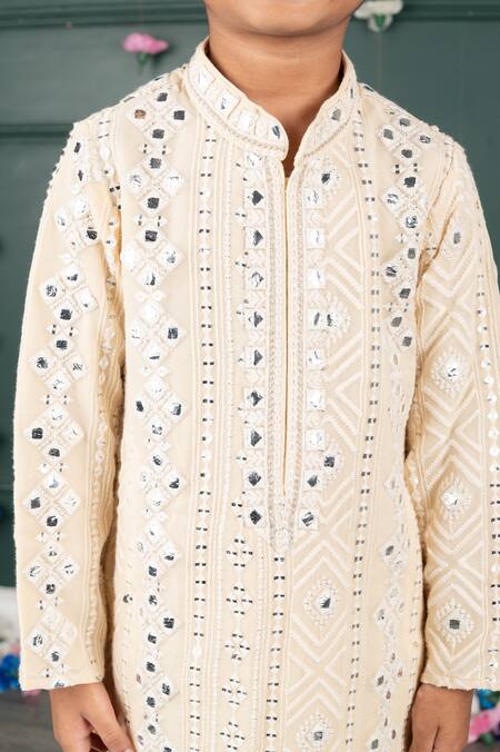 Buy_Shruti Jalan_Beige Cotton, Georgette, Satin Mirrors, Embroidery Threadwork Kurta Set _Online_at_Aza_Fashions