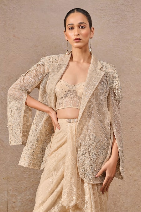 Tarun Tahiliani Thread Embroidered Sheer Jacket Skirt Set 