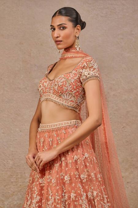 Tarun Tahiliani_Orange Tulle Pearls, Beads, Sequins, Embroidery Sweetheart Floral Lehenga Set _Online_at_Aza_Fashions